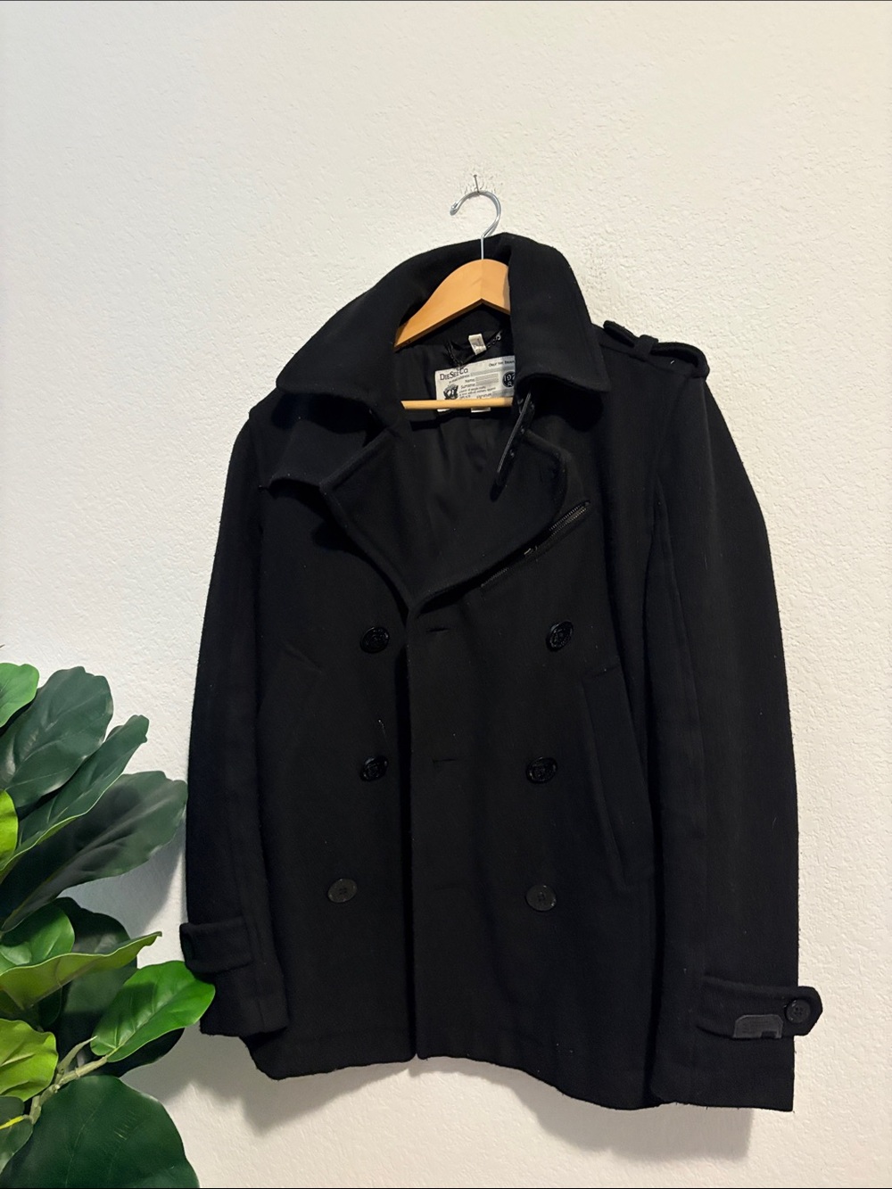 Diesel Black Double-Breasted Pea Coat M